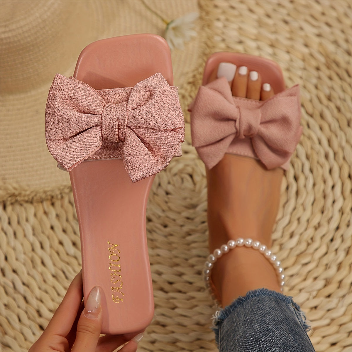Women's Bowknot Decor Slide Sandals - Fashion Square Open Toe Flat Summer Shoes, Lightweight Slide Sandals - For Women - Perfect for Summer Beach, Vacation & Casual Wear - Ideal Gift for Her